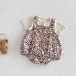 【66-90cm】セットアップ サロペットロンパース＆リブTシャツ ベビー レオパード柄 - 画像 (2)