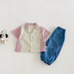 【73-120cm】半袖シャツ or デニムパンツ 韓国風 ストライプ