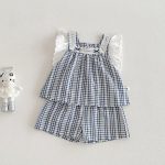 【73-100cm】セットアップ ベビー 女の子 チェック フリルスリーブ