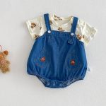 【66-90cm】セットアップ デニムロンパース＆Tシャツ ベビー くま柄