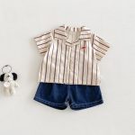 【73-100cm】シャツ or デニムショートパンツ ベビー 男の子 韓国風 ストライプ