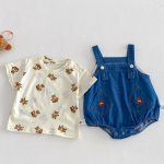【66-90cm】セットアップ デニムロンパース＆Tシャツ ベビー くま柄 - 画像 (5)