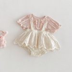 【66-90cm】セットアップ Tシャツ＆レースサロペットショートパンツ パフスリーブ - 画像 (2)