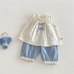 【73-100cm】セットアップ トップス＆パンツ ベビー 女の子 小花柄 ノースリーブ レース裾