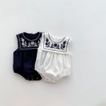 【66-90cm】ロンパース ベビー ナチュラル 花刺繍 スクエア襟 - 画像 (3)
