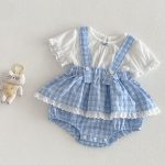【66-90cm】セットアップ サロペットロンパース＆リブTシャツ ベビー 女の子 チェック柄
