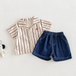 【73-100cm】シャツ or デニムショートパンツ ベビー 男の子 韓国風 ストライプ - 画像 (3)