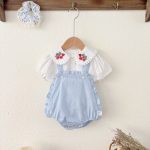 【73-100cm】サロペットロンパース＆ブラウス ベビー いちご刺繍 スウィート - 画像 (3)