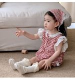 【66-90cm】ロンパース＆ヘッドバンド ベビー 女の子 レース チェック