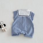 【66-90cm】ロンパース クマロゴ チェック セーラー 可愛い ベビー服 - 画像 (3)