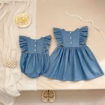 【66-130cm】デニムロンパースorワンピース 姉妹服 ダブル 蝶結び付き - 画像 (7)