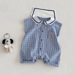 【66-90cm】ロンパース クマロゴ チェック セーラー 可愛い ベビー服