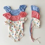 【66-100cm】水着 チェック ハート ドット スイムウェア&帽子 - 画像 (3)