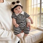 【66-90cm】オールインワン クマロゴ ボーダー ベビー服 - 画像 (3)