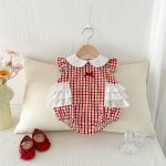 【66-90cm】ロンパース レッド チェック 可愛い おしゃれ ベビー服 - 画像 (2)