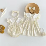 【66-140cm】 ロンパース or ワンピース ベビー フリル袖 リボン付き