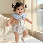 【66-90cm】ロンパース ブルー襟 ウサギ 可愛い ベビー服