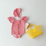 【66-100cm】水着 チェック ハート ドット スイムウェア&帽子 - 画像 (6)