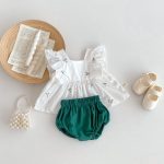 【66-100cm】トップス＆ブルマ 花刺繡 グリーン 女の子 可愛い セットアップ