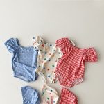 【66-100cm】水着 チェック ハート ドット スイムウェア&帽子 - 画像 (4)