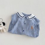 【66-90cm】ロンパース クマロゴ チェック セーラー 可愛い ベビー服 - 画像 (7)