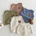 【66-100cm】セットアップ クマ柄 ワッフル ノースリーブ 着心地良い - 画像 (3)
