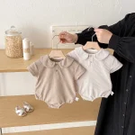 【66-90cm】ベビー 丸襟ワッフル 半袖 ロンパース