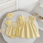【66-130cm】ロンパースorワンピース イエロー チェック 姉妹服 - 画像 (3)