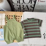 【73-100cm】二点セット サロペット Tシャツ グリーン シンプル 可愛い ベビー服 - 画像 (3)