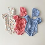 【66-100cm】水着 チェック ハート ドット スイムウェア&帽子