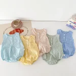 【66-90cm】ロンパース ベビー ノースリーブ チェック柄 - 画像 (2)