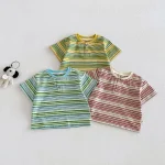 【73-120cm】半袖Tシャツ ベビー 男の子 ボタン付き ボーダー