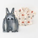 【73-100cm】セットアップ 車柄 デニム サロペット＆シャツ - 画像 (4)