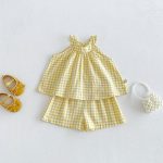 【73-110cm】セットアップ イエロー チェックトップス＆ブルマ