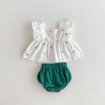 【66-100cm】トップス＆ブルマ 花刺繡 グリーン 女の子 可愛い セットアップ - 画像 (4)
