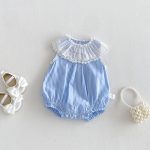 【66-90cm】ロンパース ブルー ストライプ レース 可愛い ベビー服 - 画像 (2)
