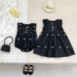 【90-130cm】ロンパースorワンピース 蝶結び柄 ブラック 姉妹服