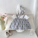 【66-90cm】ロンパース&帽子 ブルー花 レイヤード おしゃれ 赤ちゃん服 - 画像 (4)
