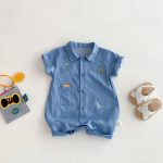 【66-90cm】デニムロンパース 恐竜刺繡 肌に優しい ベビー服