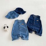 【66-90cm】オールインワン&帽子 デニム ノースリーブ カジュアル ベビー服 - 画像 (2)