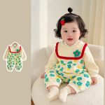 【66-90cm】ロンパース フラワー柄 スタイ付き 可愛い ベビー服 - 画像 (2)