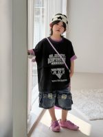 【100-150cm】Tシャツ ショートパンツ 配色 プリント カジュアル ダメージジーンズ