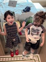 【90-150cm】半袖Ｔシャツ or ショートパンツ or ワンピース 女の子 英字プリント チェック柄