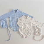 【66-100cm】水着 チェック柄 ドット柄 長袖 日焼け止め 帽子付き スイムウェア - 画像 (3)