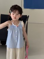 【90-140cm】ベスト 女の子 チェック柄 レース 切り替え - 画像 (2)