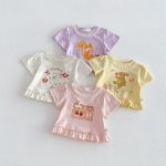 【73-120cm】Tシャツ うさぎプリント 可愛い フリル 韓国風 トップス