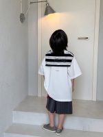 【100-150cm】Tシャツ 半袖 ストライプ 配色 切り替え - 画像 (4)