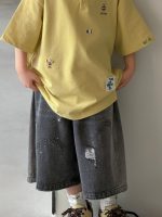【100-150cm】ショートパンツ デニム 無地 ゆったり ダメージジーンズ - 画像 (3)