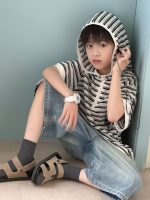 【90-150cm】Tシャツ 半袖 キッズ フード付き 通気性 白黒ボーダー プルオーバー デイリーカジュアル