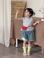 【90-140cm】ベスト 女の子 チェック柄 レース 切り替え